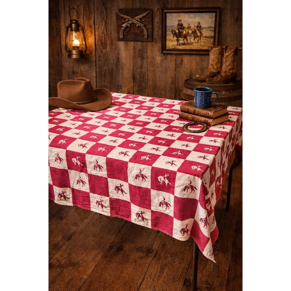 VTG STARTEX Western Cowboy Tablecloth Red/pink Checker Horse Rodeo 52x50 Read